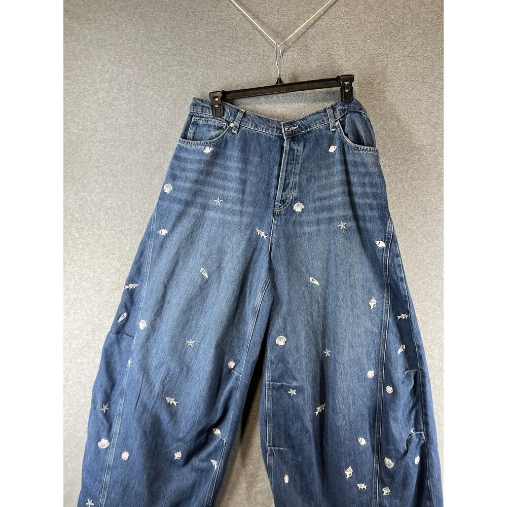 Free People Westward Demim Jean Size 33 “ Under The Sea” Wide Leg Embroidered - Picture 2 of 10